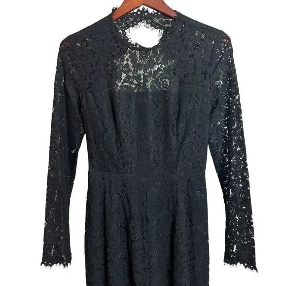 RACHEL ZOE Angie Open Back Front Slit Long Sleeve Black Lace Gown Dress Sz  2 NEW